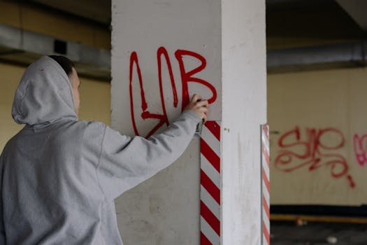 Un artiste de street art peint un graffiti rouge sur un pilier dans un espace urbain.