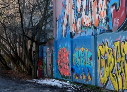 Mur de graffitis colorés sur une rue de la Côte basque, entouré d'arbres et de neige fondue. Ambiance urbaine vibrante.