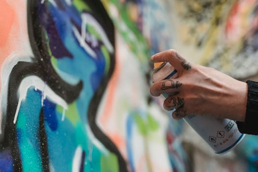 Main tatouée tenant une bombe de spray, peignant un mur coloré lors d'un festival de street art.